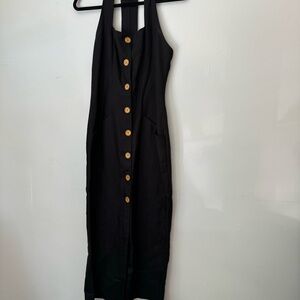 Vintage woman Adlib Dress Black With Wood Accent Buttons. Linen summer Halter